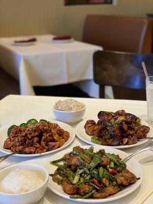 (L-R) Phoenix Chicken, Scallion Ginger Fish, Eggplant and Tofu