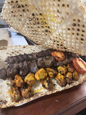 koobideh kebob, zafran chicken kebab, liver kebab, with lavash bread