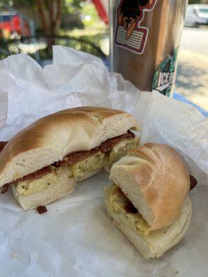 Bagel with egg bite, provolone, Turkey bacon, and an iced coffee