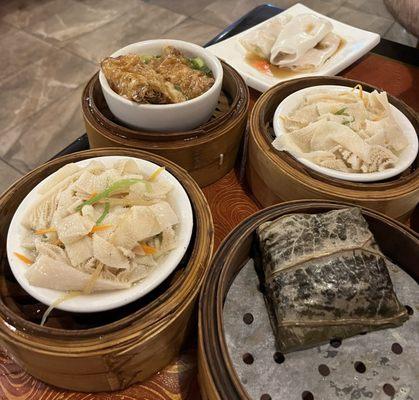 (From left to right) Beef Tripe, Stuffed Bean Curd Skin with Pork and Shrimp, Shrimp Rice Noodle Roll, Stuffed Sticky Rice in Lotus Leaf