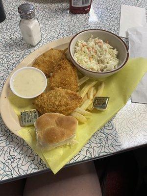 Fish and chips with cole slaw