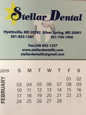 Calendar given by Stellar Dental