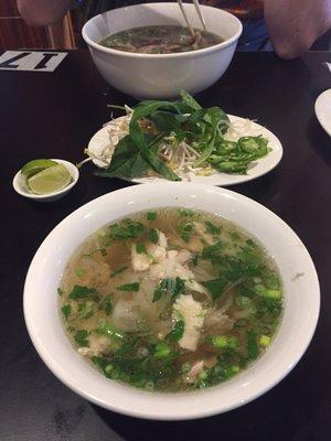 Tasty pho! Pho Ga Classic and Well Done Brisket Pho.