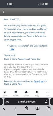 Here's the email from the spa which caused no alarm that I did not have an appointment.