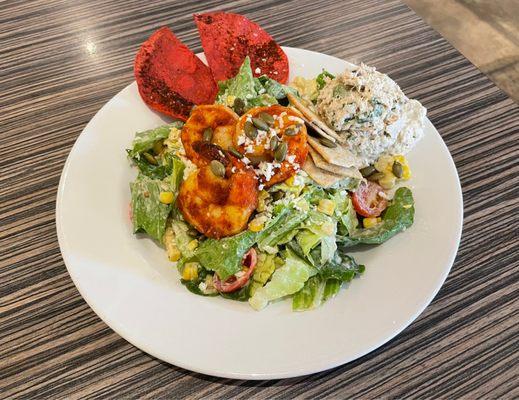 "Si Sir" salad with chipotle shrimp and a scoop of tuna salad