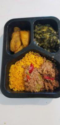 Picadillo, Plantanos, turnip greens and yellow rice.