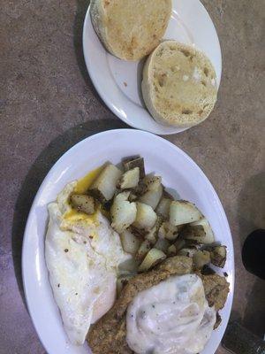 Chicken Fried Steak, 2 fried eggs, American potatoes and English muffins