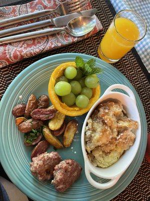 Home made breakfast sausage from the owner's family farm in North Dakota and baked French toast made from homemade French bread.