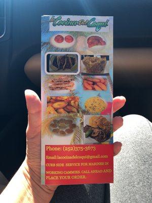 The menu brought to us at our car when we showed up to the parking lot