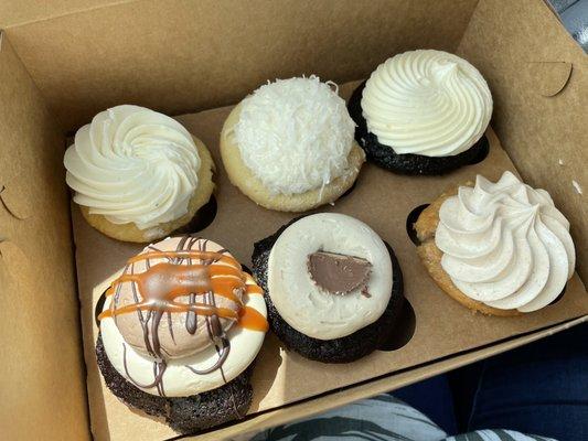 Top (L-R): vanilla, coconut, black velvet Bottom (L-R): chocolate caramel, chocolate peanut butter, sweet potato(OMG)