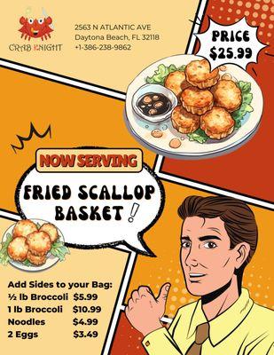 Try our crunchy and tasty fried scallop and now in a basket at very affordable price.