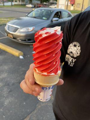 Vanilla cone dipped in cherry