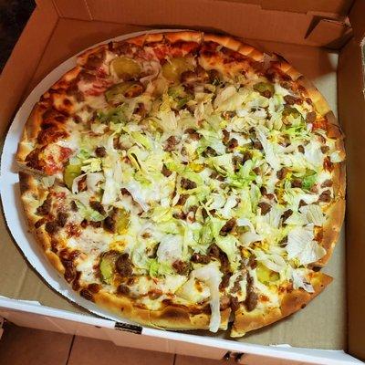 Cheeseburger Pizza with shredded lettuce