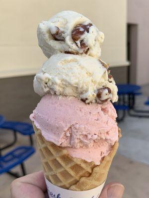 my double-scoop waffle cone with strawberry and butter pecan