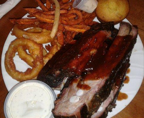 Coffee ribs combo with sweet potato fries and onion rings muffin with cinnamon butter