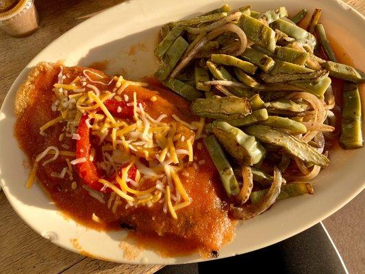 Stuffed Chile relleno and nopales with onion