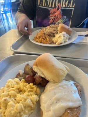 Country fried chicken, potatoes, Mac and cheese