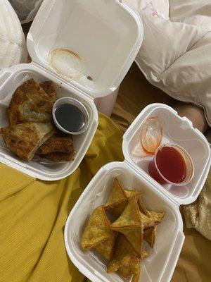 Scallion Pan Cake and Crab Rangoon- both delicious and the pan cake is definitely a must