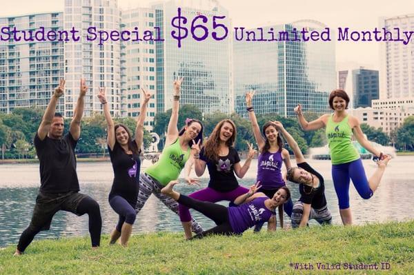 Attention College & High School Students! We have an unbeatable rate that won't leave you broke! Only $65 for Unlimited YOGA!