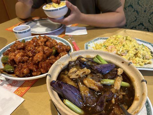 Sweet and sour pork, shrimp with scrambled eggs and chicken eggplant hot pot.