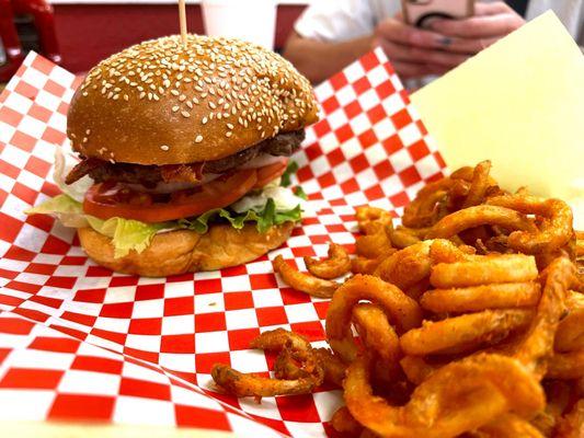 bacon burger and curls fries