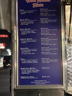 Menu and Prices as of December 2021