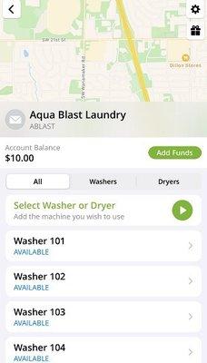 The app has your credit balance and available machines.