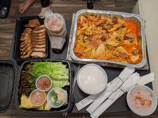 Buddae jiggae and bossam take out. Yum! And it was a large platter