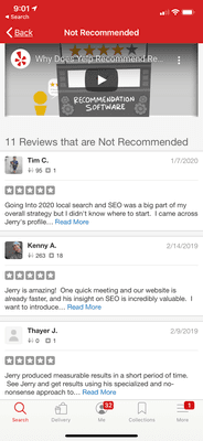 11 Yelp reviews from business owners I have worked with that are not showing up.  Likely due to not paying for advertising.