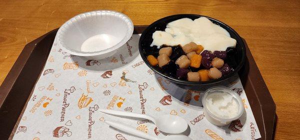 Combo (soft tofu, herbal jello, mochi balls on bed of shaved ice with brown sugar sauce, tiny milk)