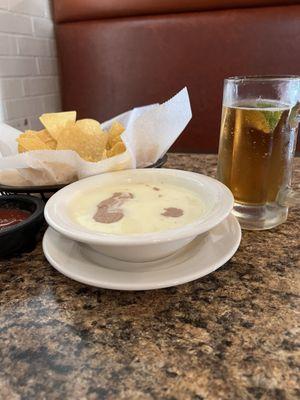 Bean dip, beer, and chips. Match made in heaven.