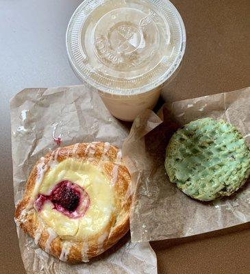 iced chai, lemon blackberry danish, vegan mint chocolate chip cookie.