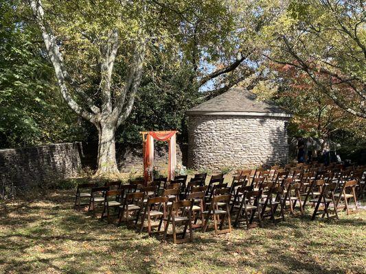 A wedding being set up in the gardens.