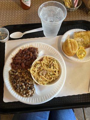 Pastalya with red beans & rice, black eyed peas, corn bread and garlic bread. Yummy!!!