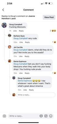 Owner Doug being racist on social media