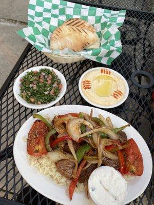 Lamb Kabob Combo, hummus, tabbouleh