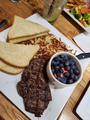 Breakfast steak meal(I substituted fruit for the eggs)