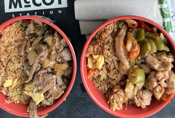 Taste of the east. Fried rice with stir fried vegetables and beef (left) and chicken (right)