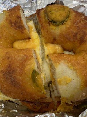 Jalapeño Cheddar Bagel with egg and cheese.