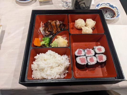 Lunch box - tuna roll, shumai, and beef teriyaki with rice