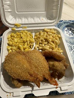 Shrimp and Chicken platter with Mac and buttered corn