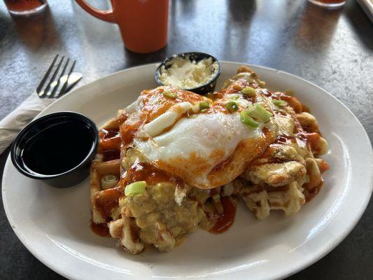 Chicken and waffles over medium on the egg