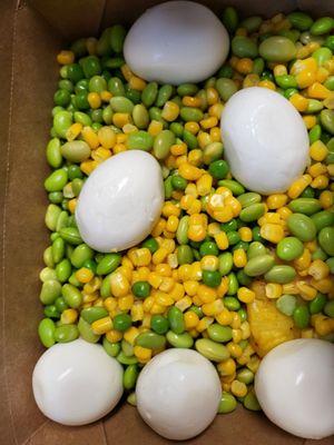 Organic green peas, corn, edamame & hard boiled eggs. $12.99 lbs