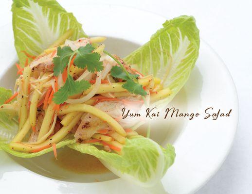 YUM KAI MANGO SALAD - Shredded grilled chicken breast with mango tossed with fresh lime | chili over crisp bed of baby romaine.