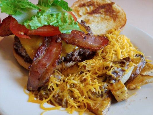 Burger with chili cheese fried taters. Yum!!