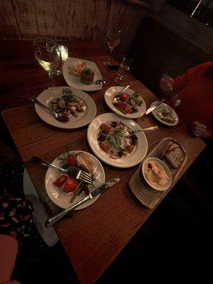 Tuna tartare, octopus, Greek salad, beets, bread and hummus