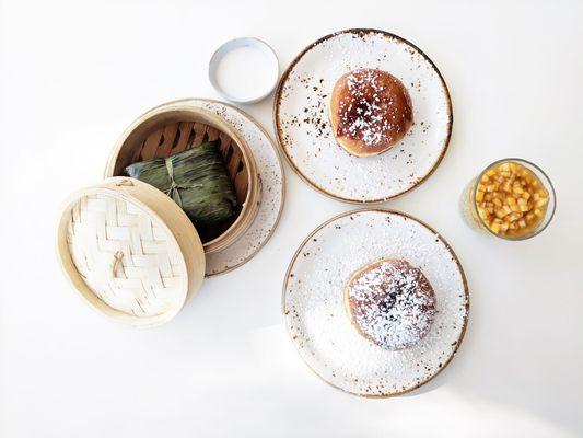 Left to right: khao madt, doi nut (both Thai iced tea & Vnmese coffee filling), passion fruit chia seed pudding