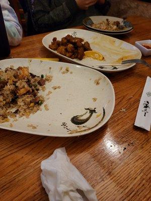 Combination fried rice and orange chicken.