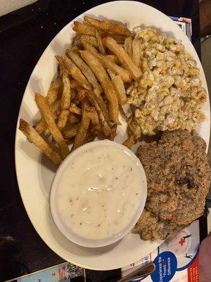 Large chicken fried steak, codycorn, fries and white gravy