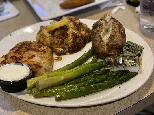 Rockfish w/crab imperial, asparagus and baked potatoe